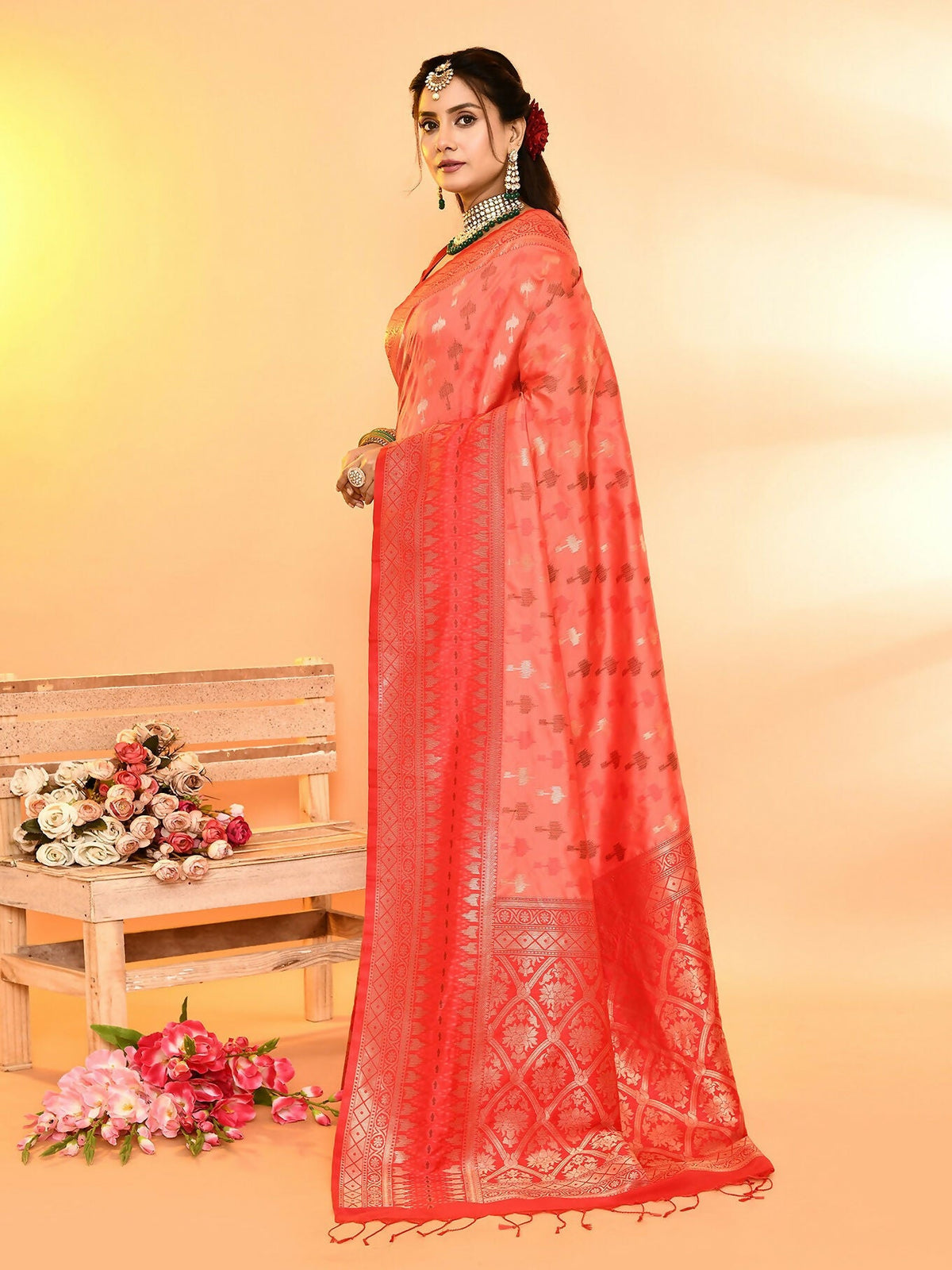 Joban Fashion Peach & Red Plain With Weaving Border Banarasi Silk Sarees | Grocsy
