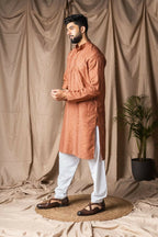 Reddish Orange Rayon Thread Embroidery Work Kurta Set - Mahotsav | Grocsy