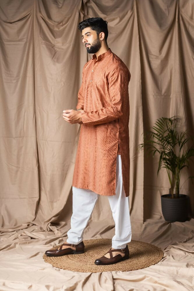 Reddish Orange Rayon Thread Embroidery Work Kurta Set - Mahotsav | Grocsy