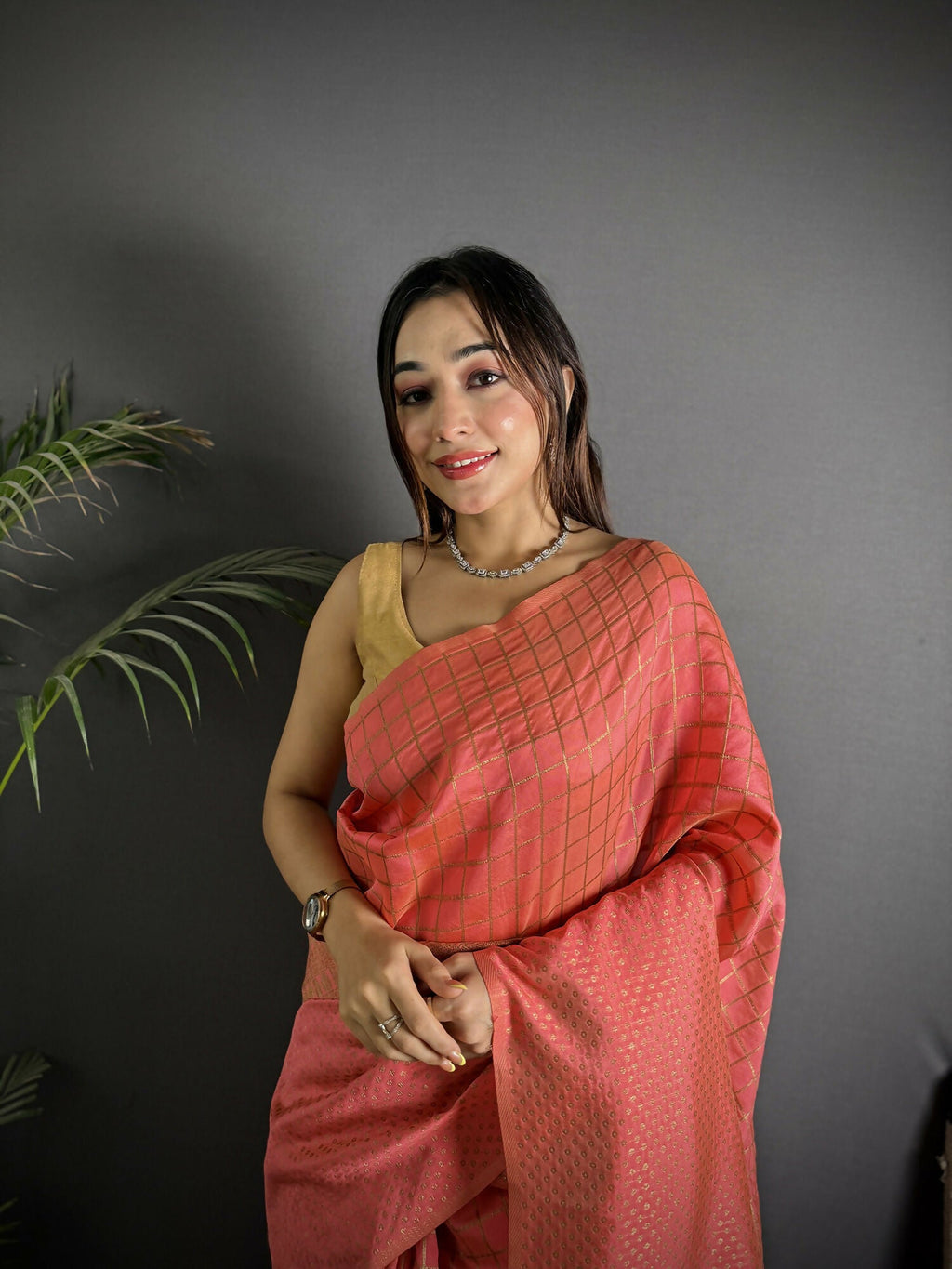 Joban Fashion Peach Banarasi Soft Lichi Silk Checks & Woven Saree | Grocsy