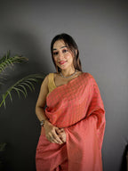 Joban Fashion Peach Banarasi Soft Lichi Silk Checks & Woven Saree | Grocsy
