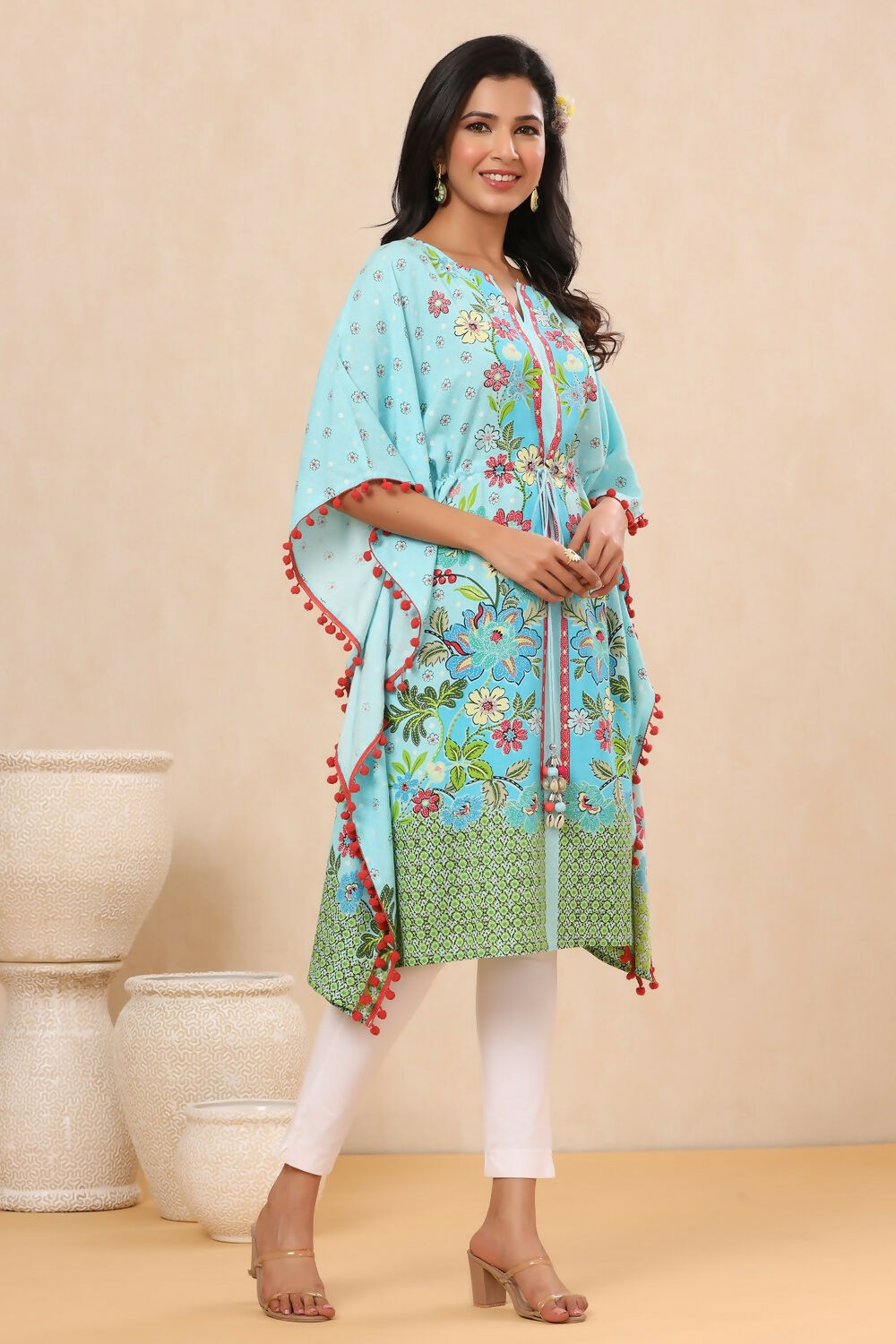 Juniper Sky Blue Floral Printed Calf-Length Rayon Kaftan. | Grocsy