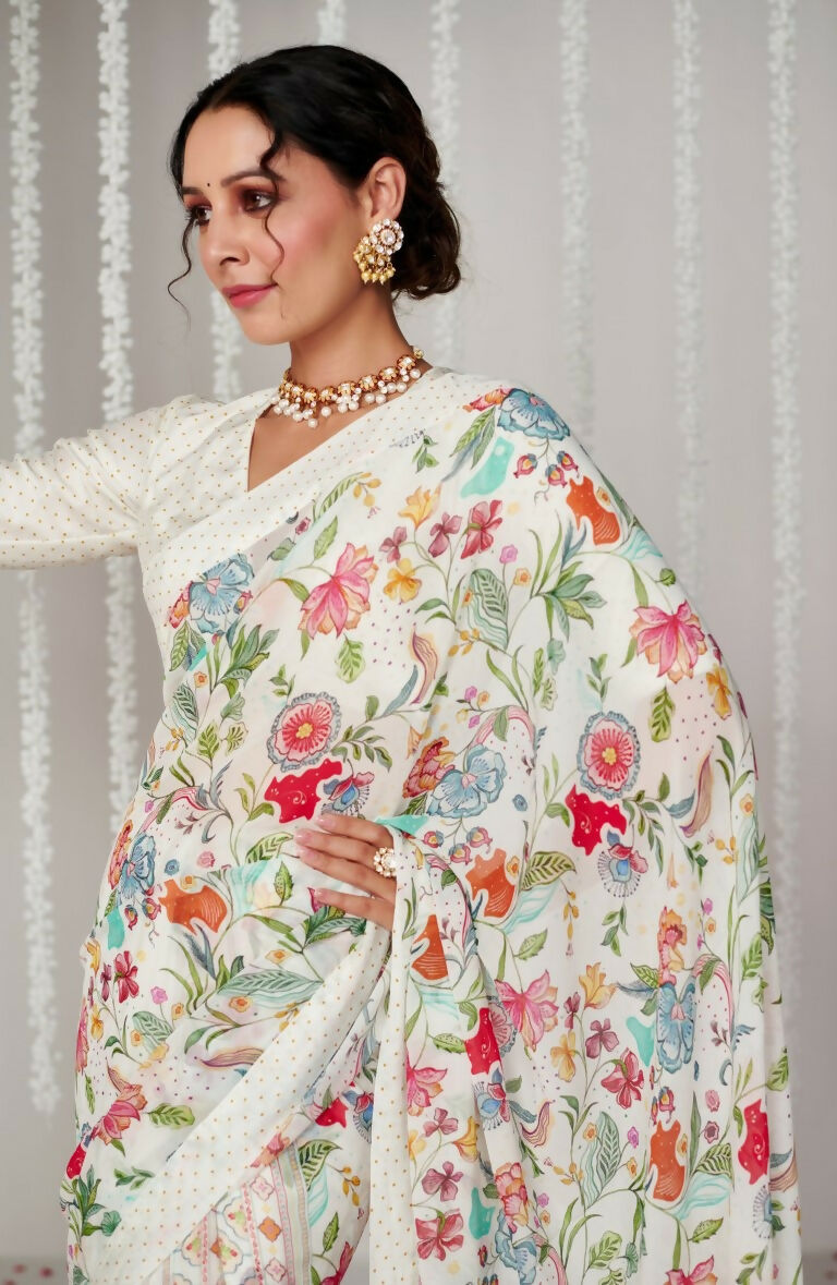 Partywear Designer White Bright Moss Fancy Saree - Durga | Grocsy