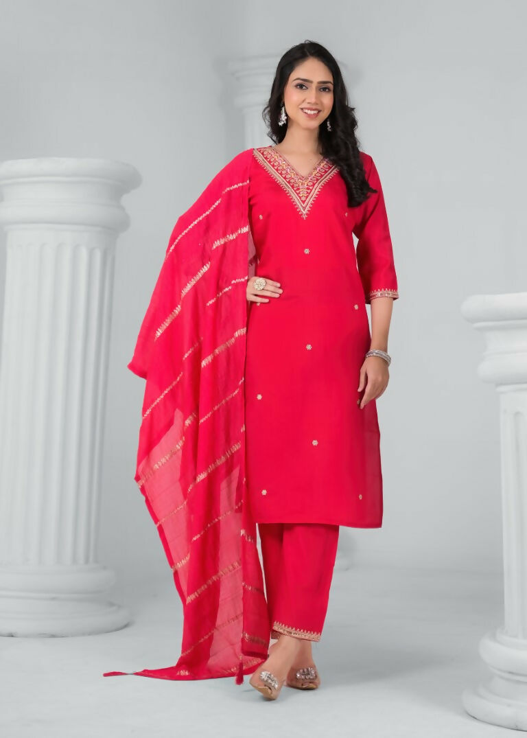 Ethnic Festive Wear Chanderi Red Stitched Suit With Dupatta - Tanisha | Grocsy