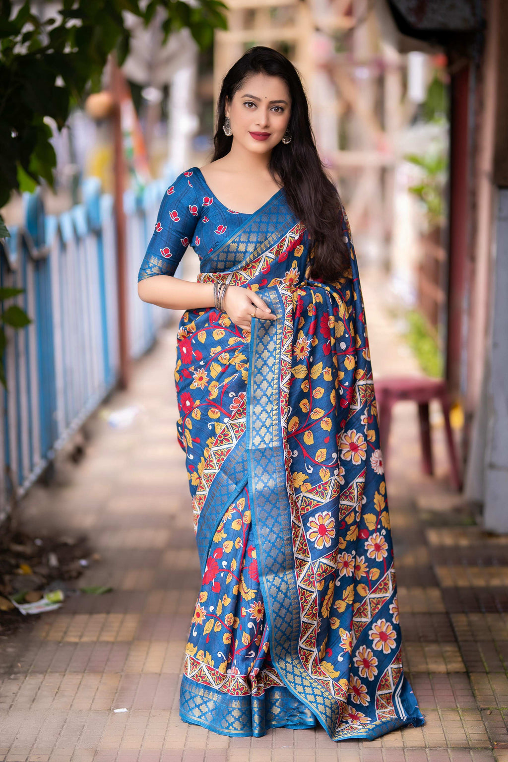 Blue Slub Silk Printed Saree with Unstitched Blouse - Hiral Fashion | Grocsy