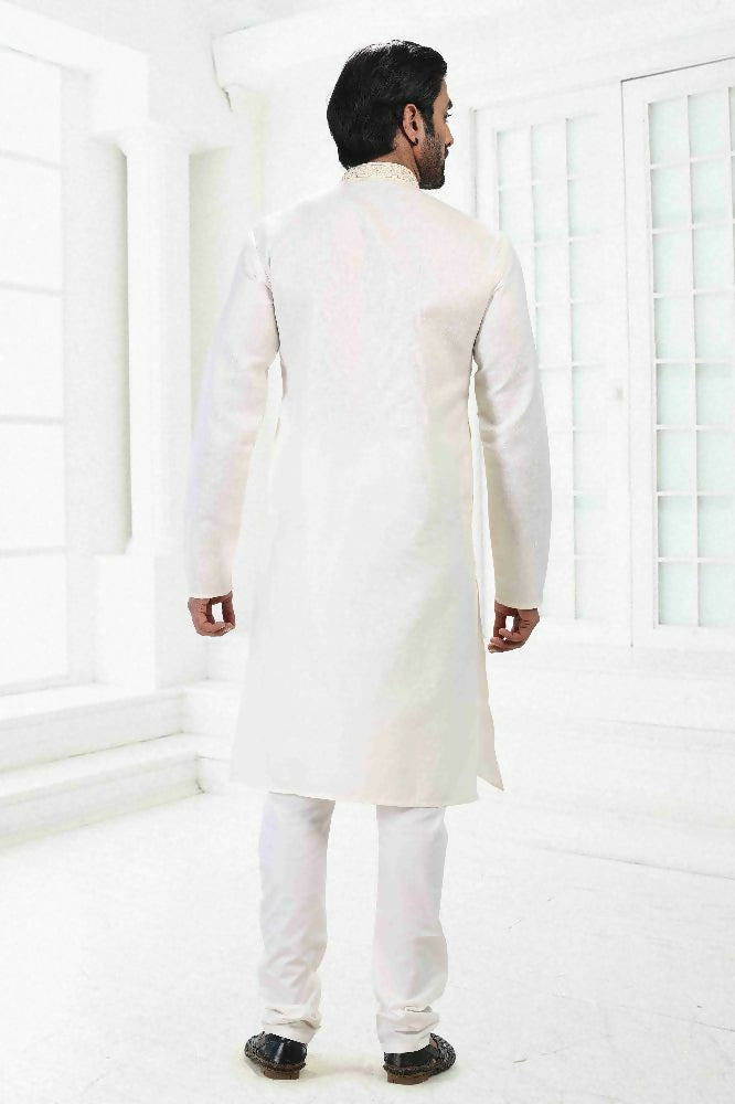 Raivat Ethnic Linen Cotton Thread Work Kurta Pajama In Cream Colour | Grocsy