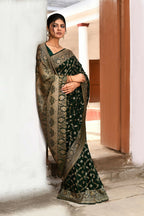 Joban Fashion Emerald Green Crepe Chiffon Pure Handloom Banarasi Silk Saree | Grocsy
