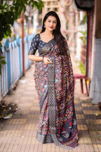 Grey Slub Silk Printed Saree with Unstitched Blouse - Hiral Fashion | Grocsy