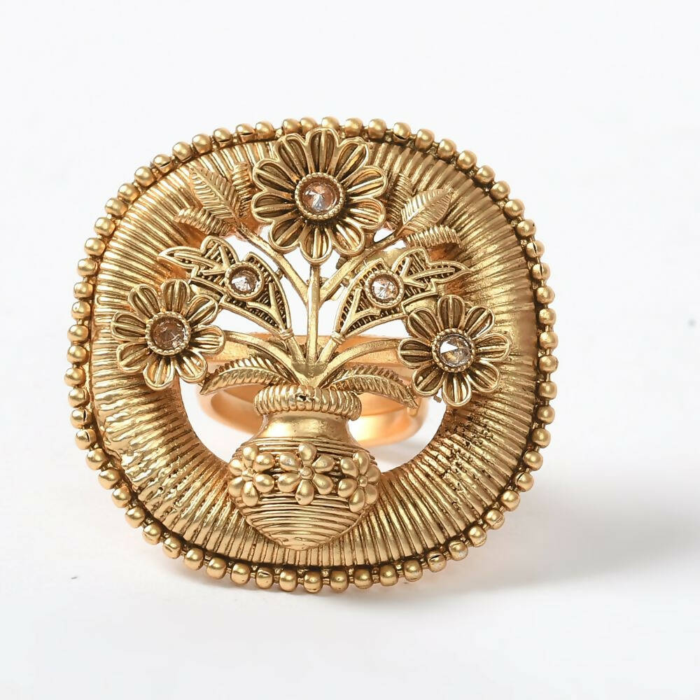 Mominos Fashion Joharkamal Gold-Polished Stone Studded Adjustable Finger Ring - Design 15 | Grocsy