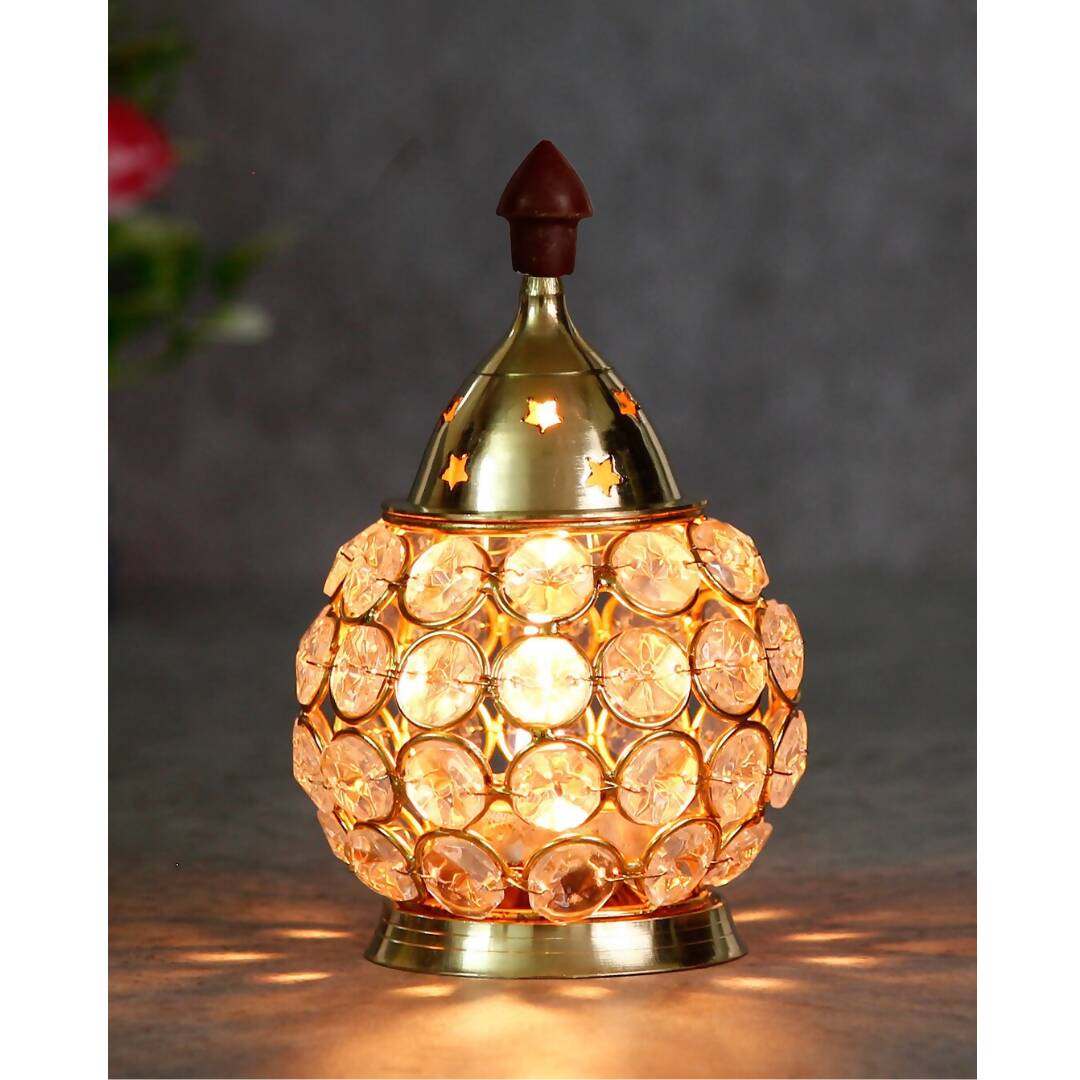 eCraftIndia Gold-Toned & Transparent Crystal & Brass Akhand Diya | Grocsy