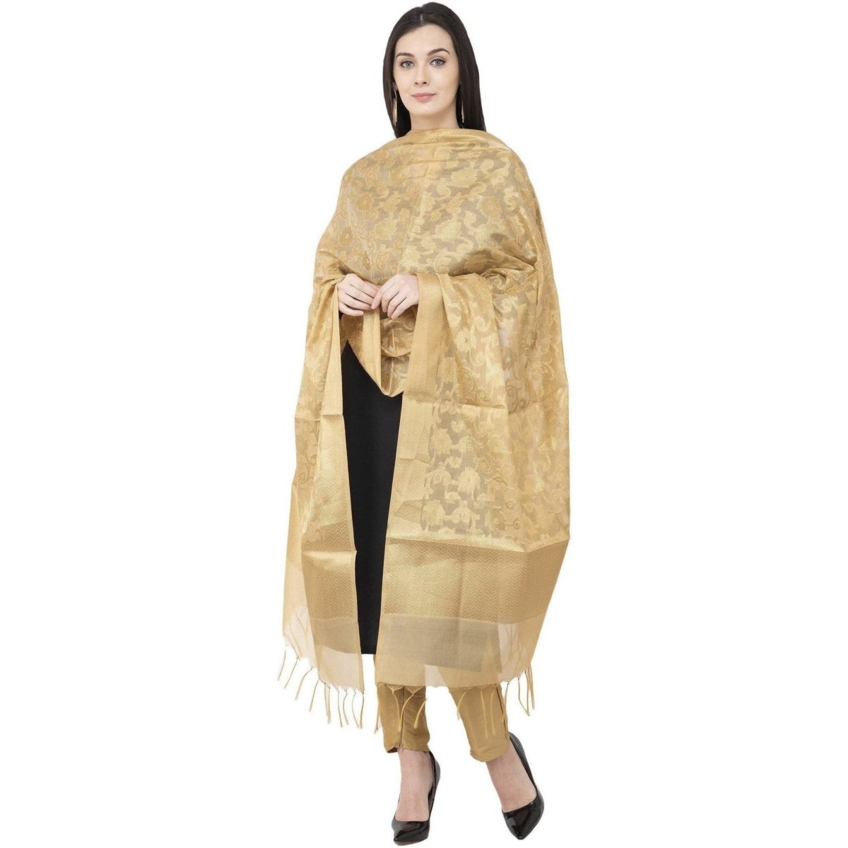 A R Silk VNS Jaal Fancy Dupatta Golden Color Dupatta or Chunni | Grocsy
