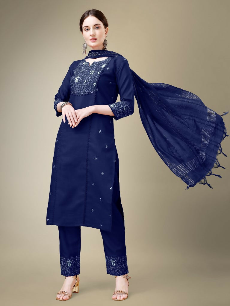 Jyoti Fashion Women's Navy Blue Cotton Blend Embroidery & Fancy Lace work Kurta with Trouser & Dupatta | Grocsy