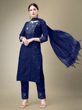 Jyoti Fashion Women's Navy Blue Cotton Blend Embroidery & Fancy Lace work Kurta with Trouser & Dupatta | Grocsy