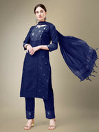 Jyoti Fashion Women's Navy Blue Cotton Blend Embroidery & Fancy Lace work Kurta with Trouser & Dupatta | Grocsy