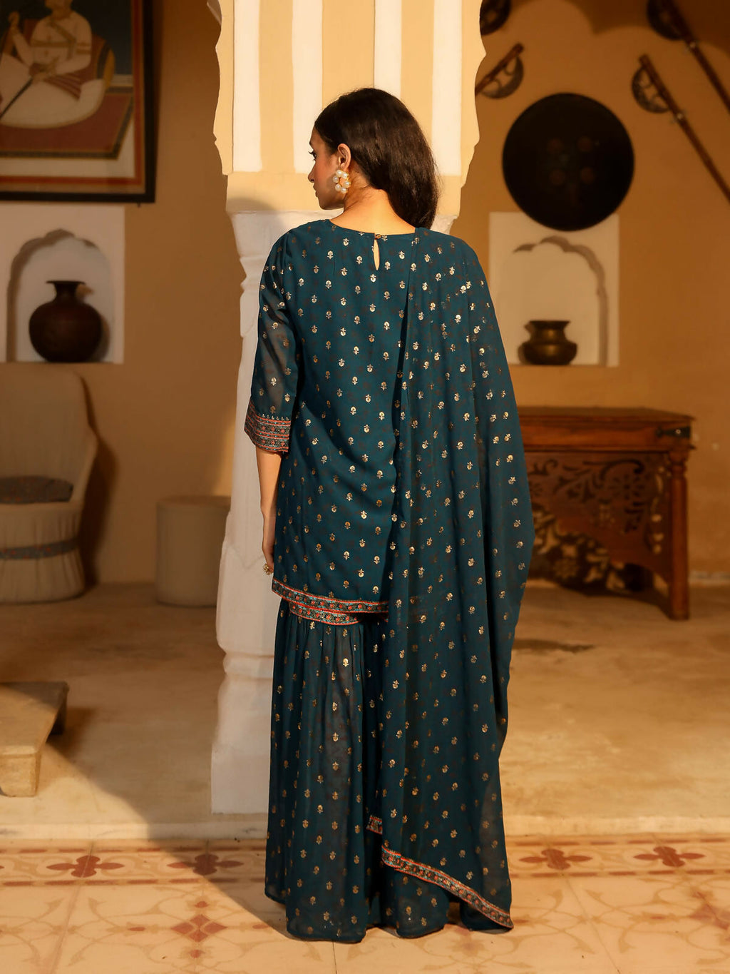 Juniper Women's The Swarn Teal Ethnic Motif Printed Georgette Kurta Pant And Dupatta With Sequins & Zari Work | Grocsy