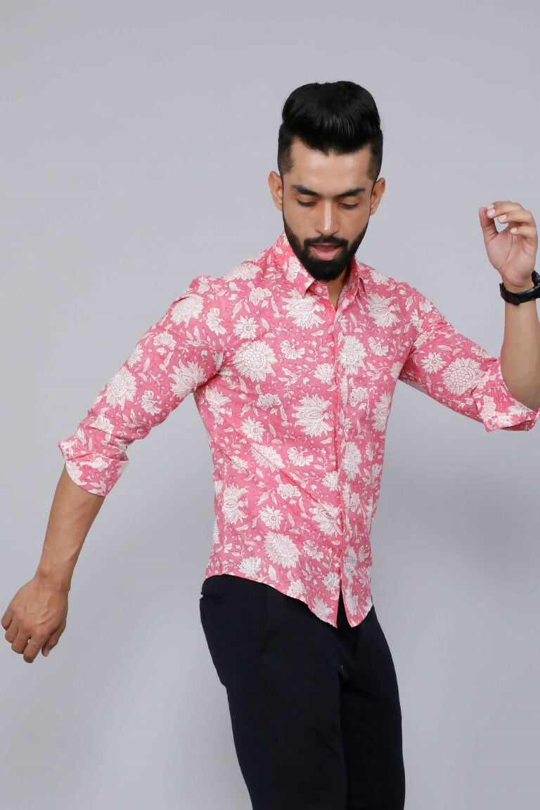 Miravan Men's Pink Floral Print Comfort Cotton Casual Shirt | Grocsy
