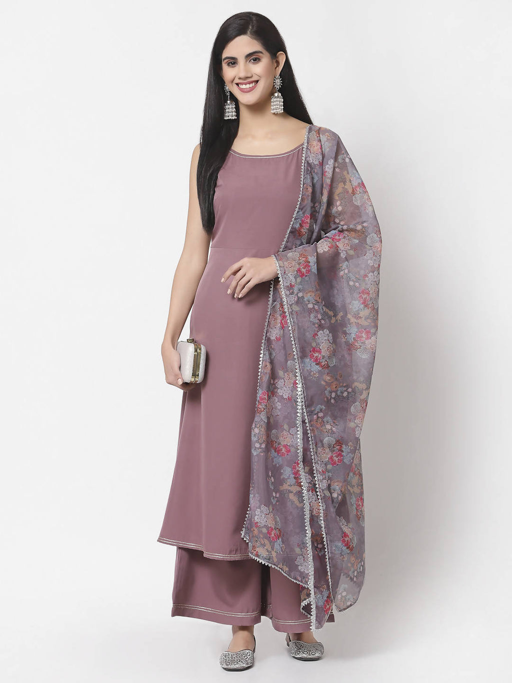 Myshka Women Mauve Silk Blend Solid Sleeveless Round Neck Neck Kurta Palazzo Dupatta Set | Grocsy