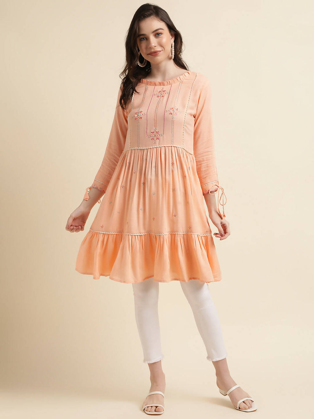 Peach Poly Cotton Yoke Embroidered A-line Top - Tarini | Grocsy