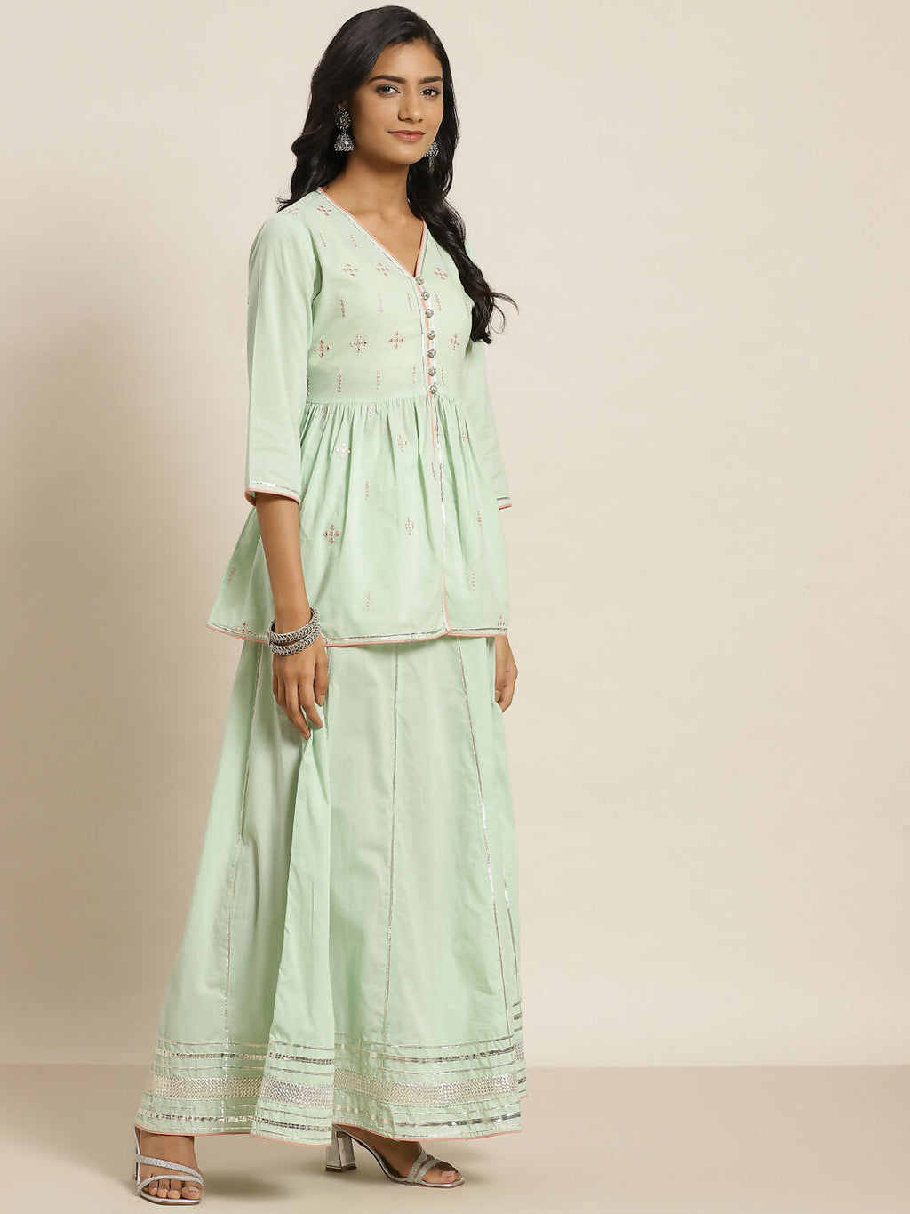 Juniper Pista Green Thread Embroidered Kurta Palazzo & Cotton Dupatta Set | Grocsy