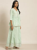 Juniper Pista Green Thread Embroidered Kurta Palazzo & Cotton Dupatta Set | Grocsy