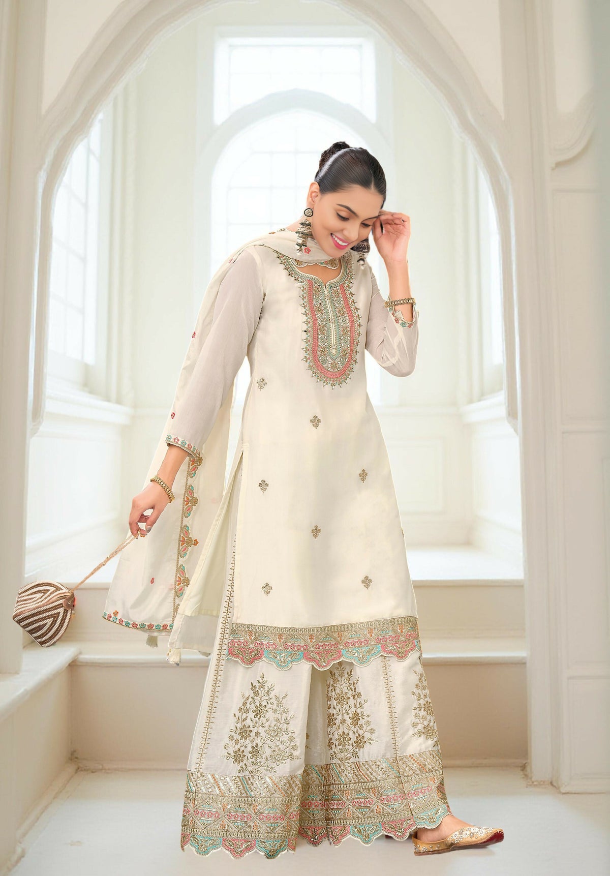 Ethnic Festive Wear White Primium Chinon Fabric Stitched Suit With Dupatta - Zeeya | Grocsy