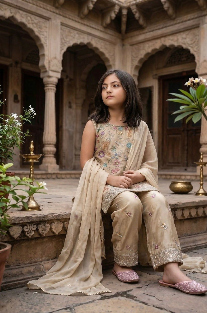 Teeya Creation Trendy Stylish Kids Wear Heavy Embroidery Sequence Work Kurta Set -Beige | Grocsy
