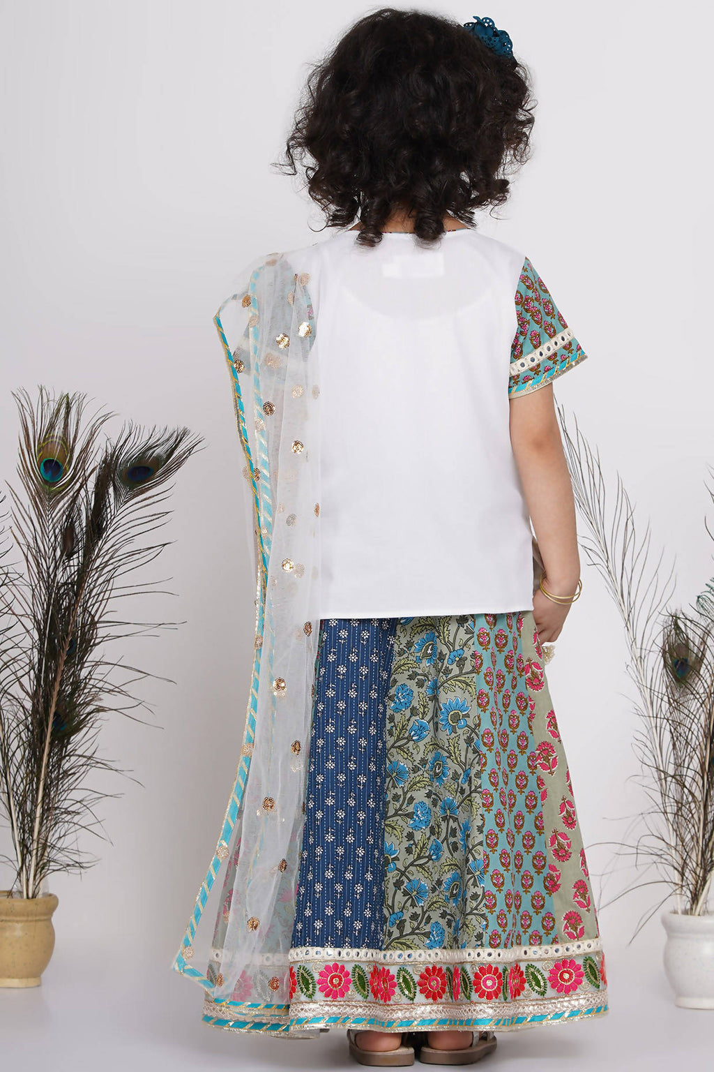 Little Bansi Girls Cotton Embroidery Kurta With Lehenga & Tussel - White & Multicolor | Grocsy