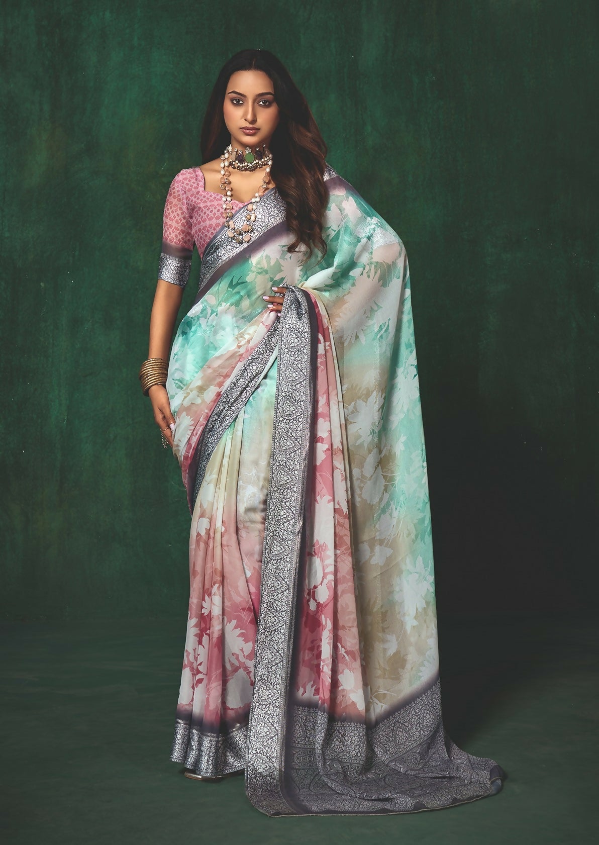 Joban Fashion Dola Silk With Zari Border Shaded Multi Color Work Saree | Grocsy