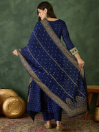 The52 Blue Women's Gorgeous Embroidered Work Vichitra Silk Fabric Flared Kurta Pant and Dupatta Set | Grocsy