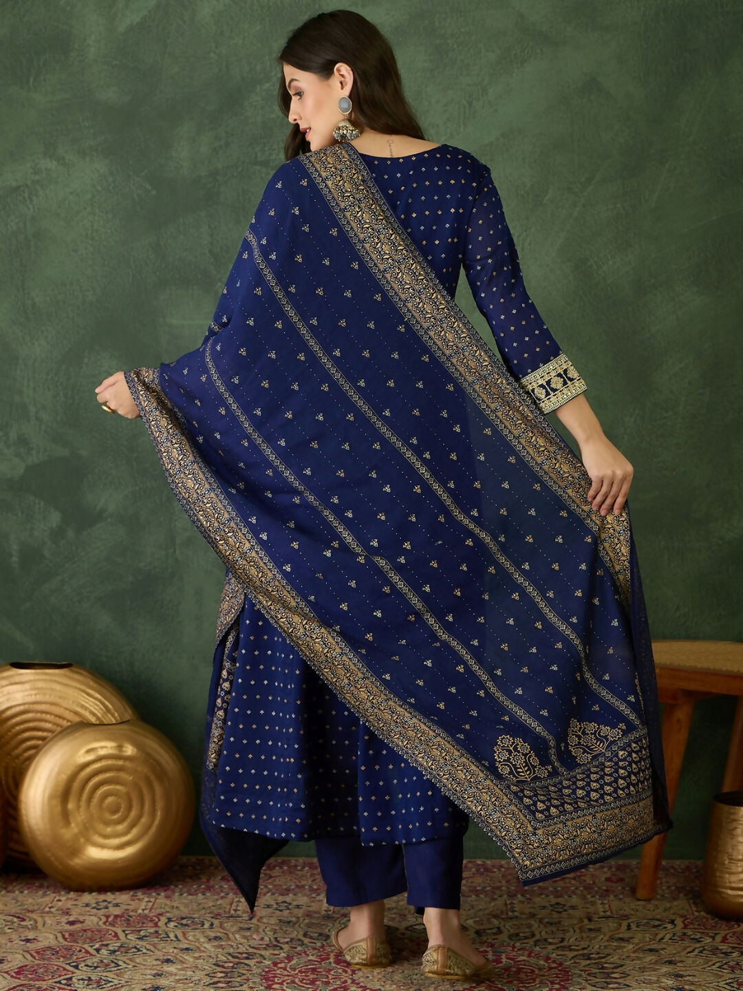 The52 Blue Women's Gorgeous Embroidered Work Vichitra Silk Fabric Flared Kurta Pant and Dupatta Set | Grocsy