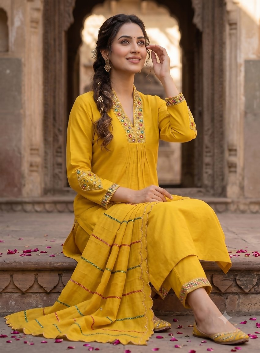 Teeya Creation Mustard Yellow Embroidered Silk Kurta Pant Set With Dupatta | Grocsy