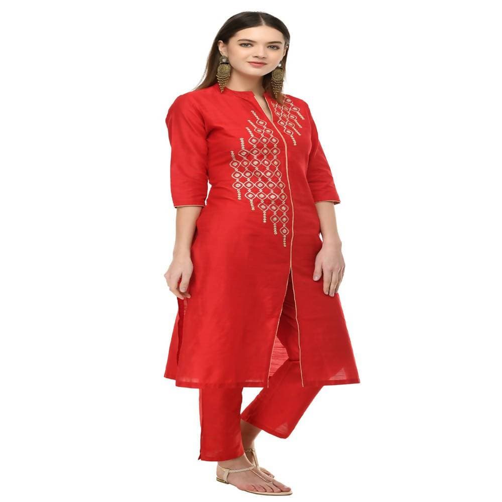 Lagi Women's Red Poly silk Straight Embroidred Kurta Pant (RO115B) | Grocsy