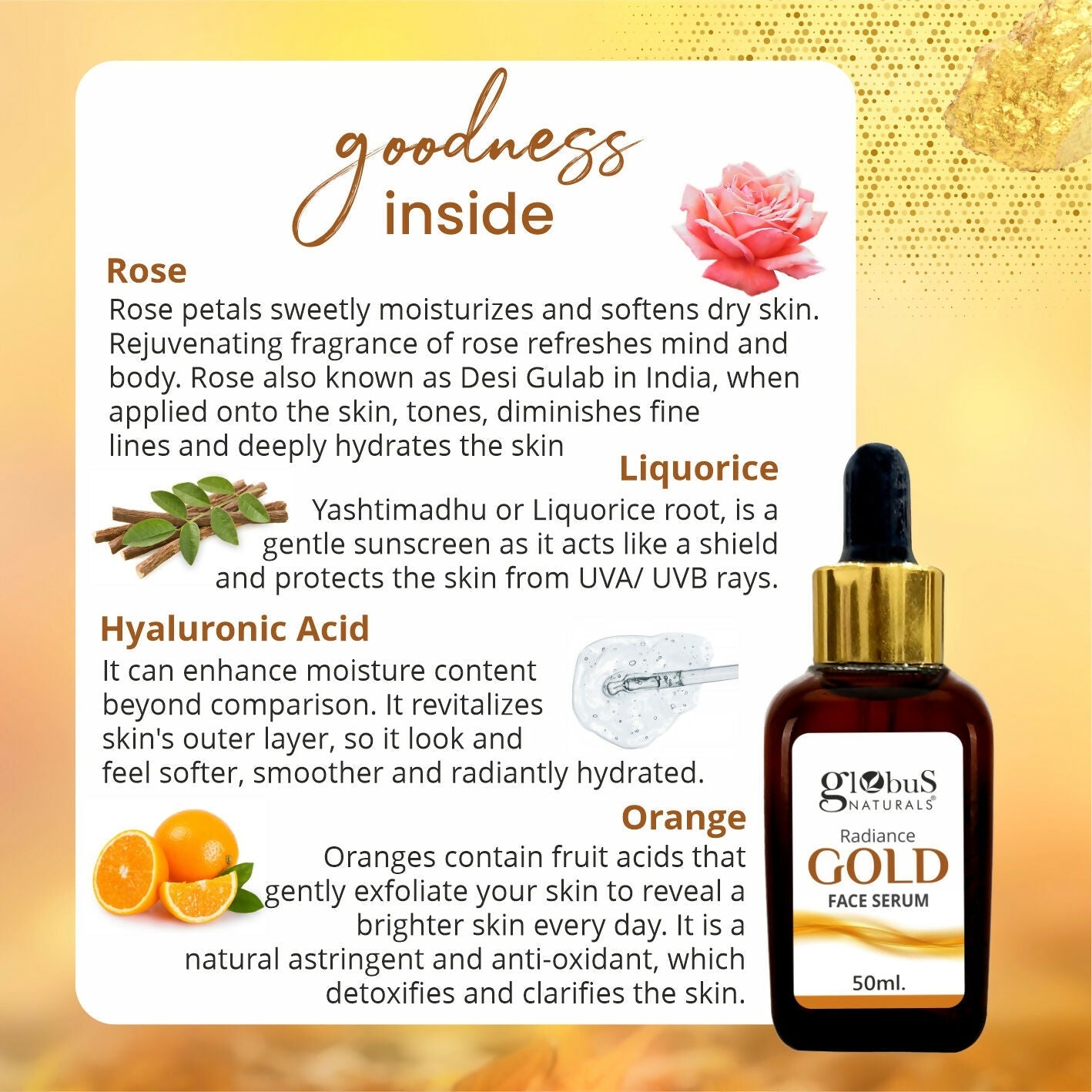 Globus Naturals Gold Radiance Anti Ageing & Brightening Face Serum, Suitable For All Skin Types | Grocsy