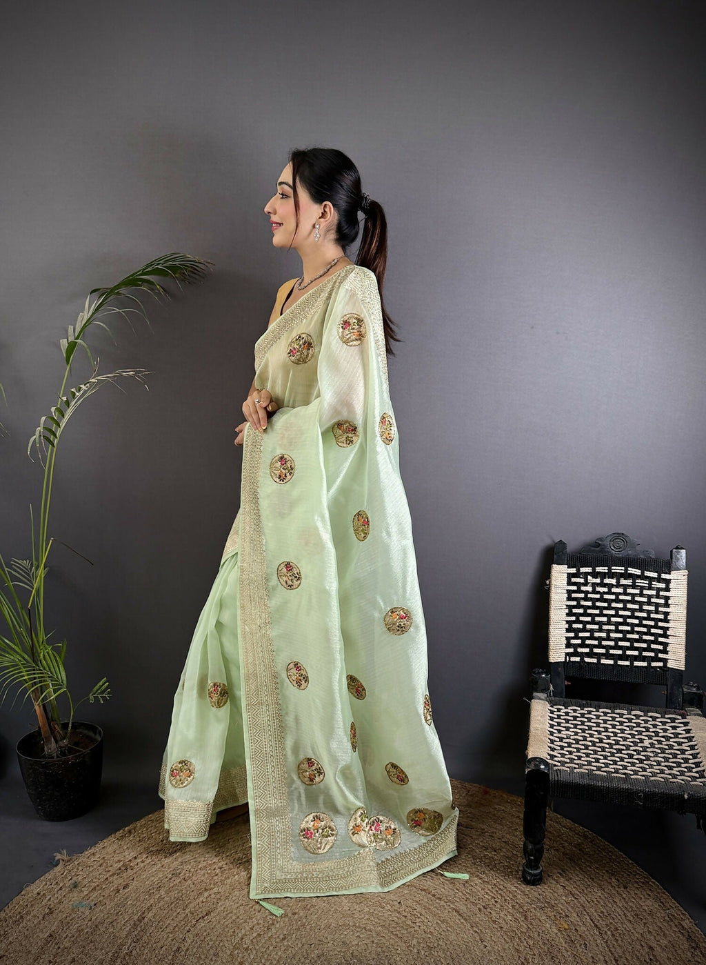 Joban Fashion Light Green Handloom Banarasi Organza Silk Khatali Butta Work Saree | Grocsy