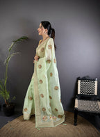 Joban Fashion Light Green Handloom Banarasi Organza Silk Khatali Butta Work Saree | Grocsy