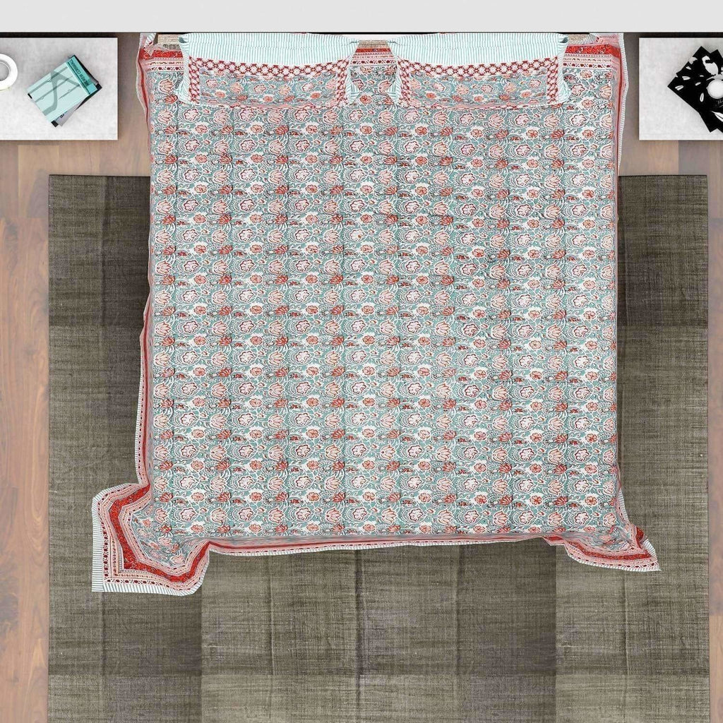 Hand Printed Jaipuri Double/Queen 230x270 Cms Bedsheet with 2 Pillow Covers | Grocsy