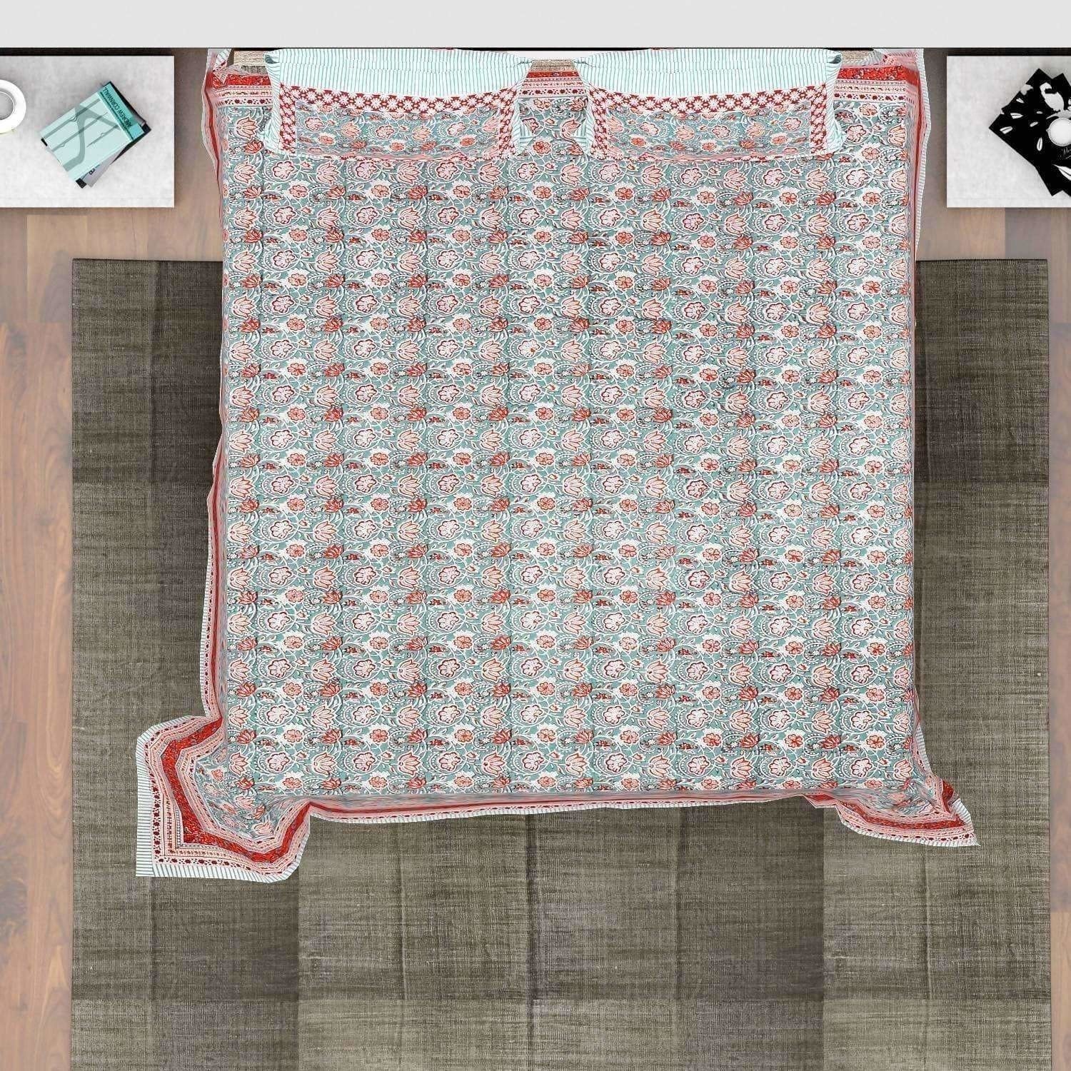 Hand Printed Jaipuri Double/Queen 230x270 Cms Bedsheet with 2 Pillow Covers | Grocsy