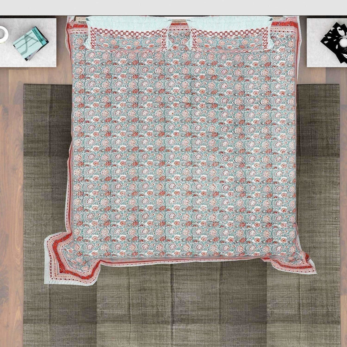 Hand Printed Jaipuri Double/Queen 230x270 Cms Bedsheet with 2 Pillow Covers | Grocsy