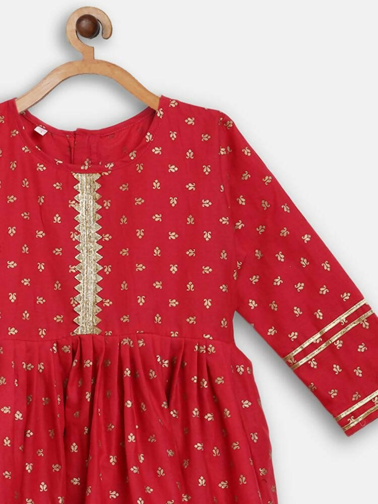 Ahalyaa Red Crepe Gold Printed Kids Kurta Sharara Set For Girls | Grocsy