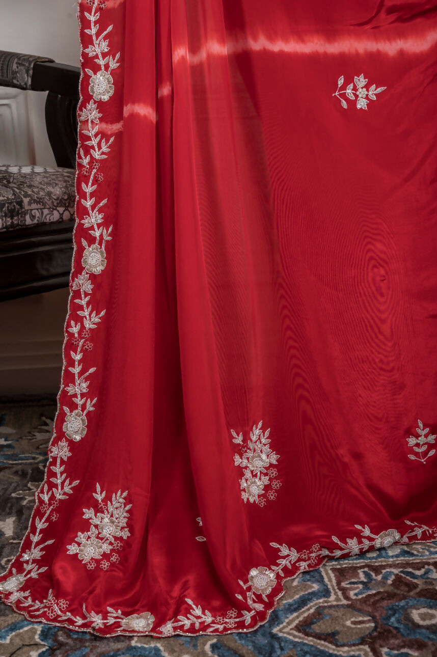 Morchari Red Crepe Hand Embroidery Saree And Stitched Blouse | Grocsy