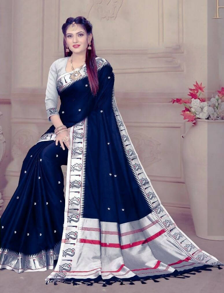 DEIANA'S Beautiful Designer Golden zari Soft Lichi Silk Saree - Blue | Grocsy