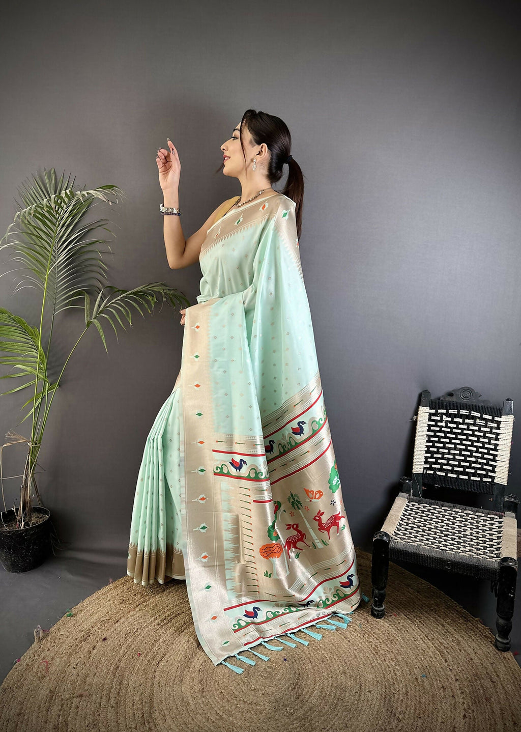 Joban Fashion Sea Green Peacock & Floral Motifs Soft Lichi Silk Kanchipuram Saree | Grocsy