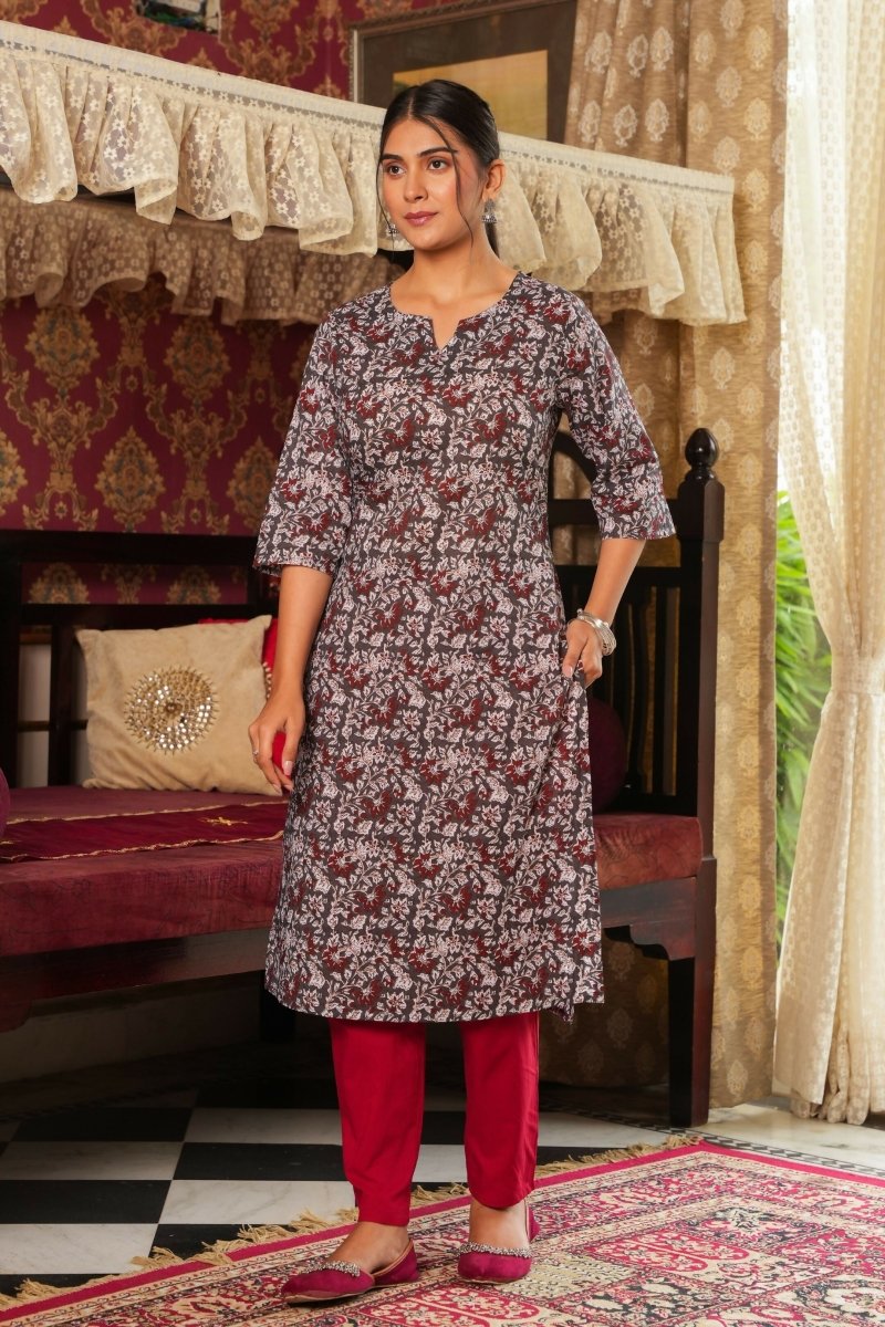 Aramya Straight Soft Cotton Floral Print Women's Kurta - Grey | Grocsy