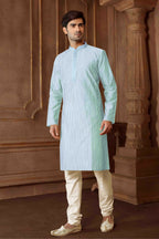 Joban Fashion Sky Blue Art Silk Blend Strips kurta Pyjama | Grocsy