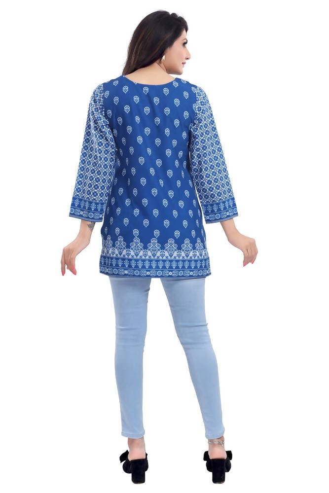Snehal Creations Royal Blue Faux Crepe Short Kurti Tunic Top | Grocsy