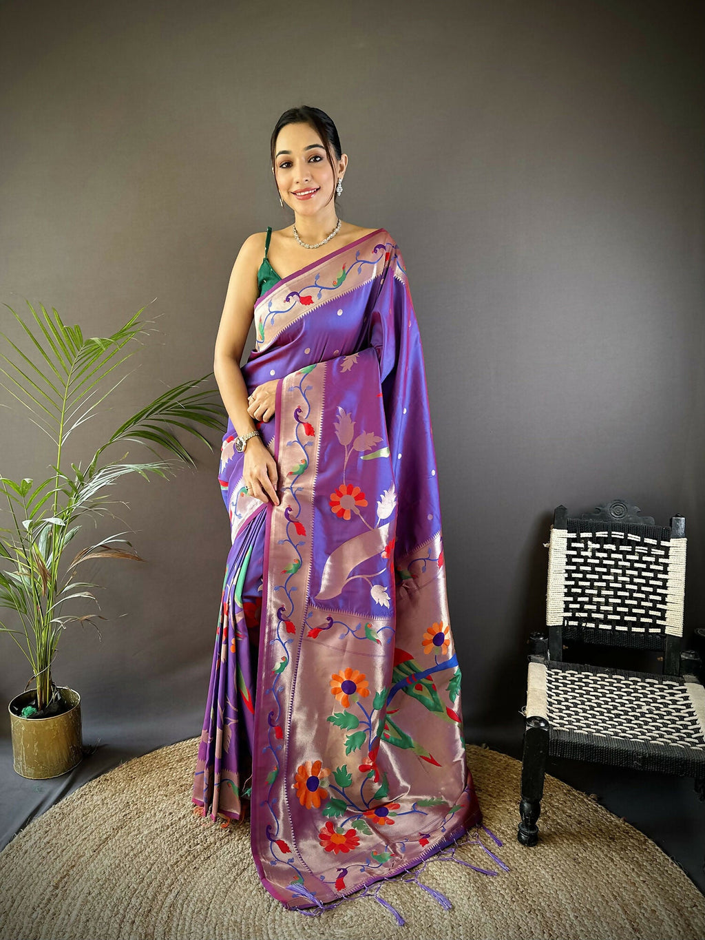 Joban Fashion Purple Zari Woven Floral Motifs Soft Silk Paithani Silk Saree | Grocsy