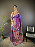 Joban Fashion Purple Zari Woven Floral Motifs Soft Silk Paithani Silk Saree | Grocsy