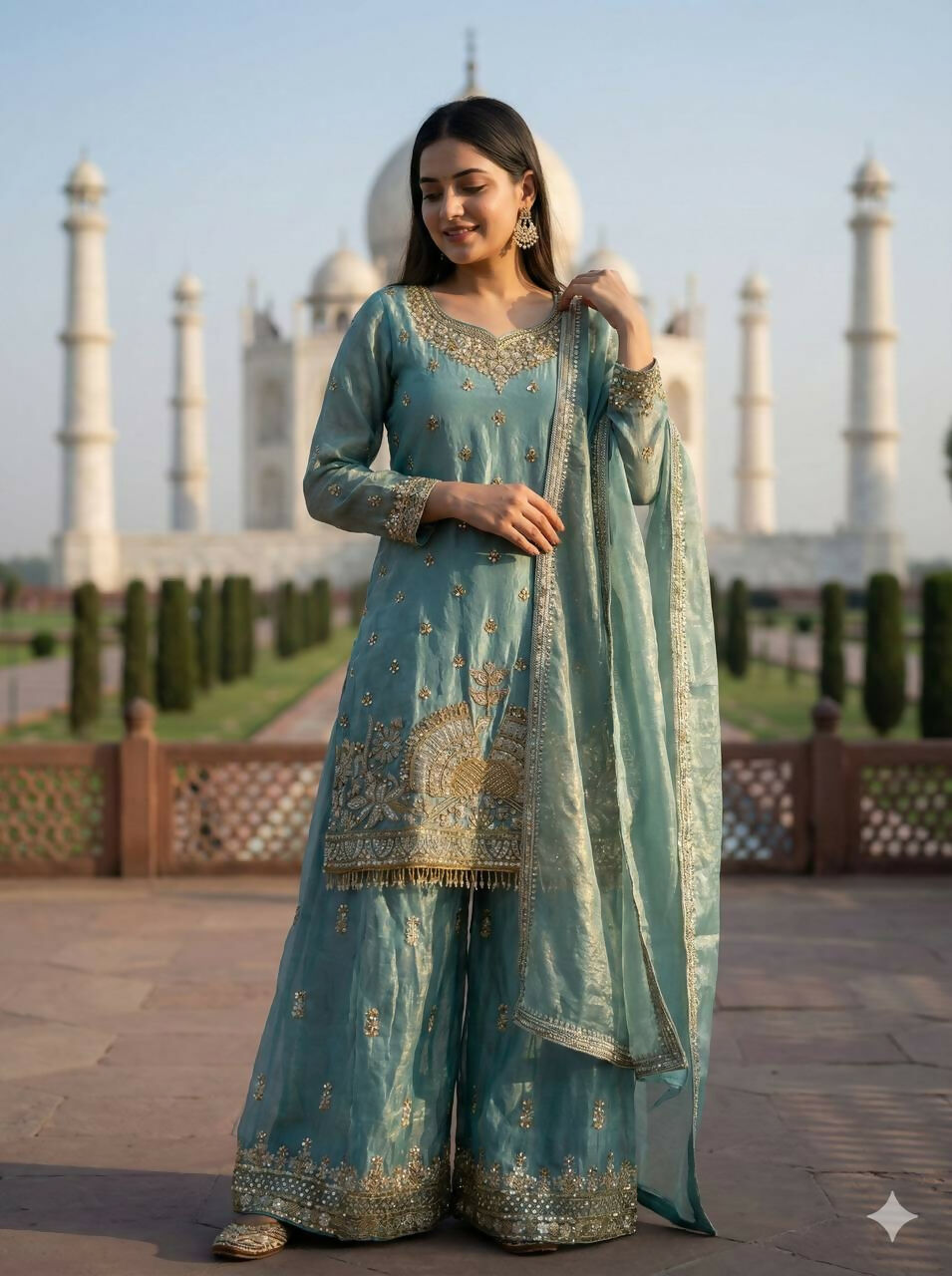 Teeya Creation Teal Fendy Silk Heavy Embroidery Work Party Wear Palazzo Suit | Grocsy