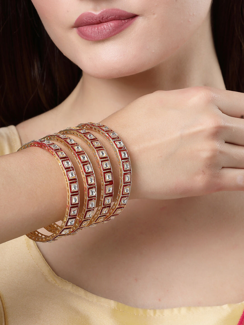NVR Women's Set Of 4 Gold-Polished Red Kundan-Studded Traditional Bangles | Grocsy