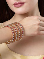 NVR Women's Set Of 4 Gold-Polished Red Kundan-Studded Traditional Bangles | Grocsy